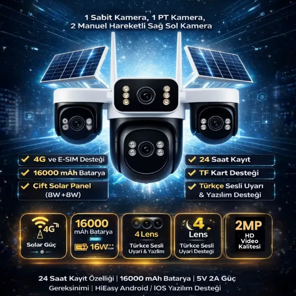 BKD 44-GZ 4G Solar Güvenlik Kamerası 4 Lensli, SIM Kart Destekli, Güneş Panelli, 8GB internet + 64GB Hafıza